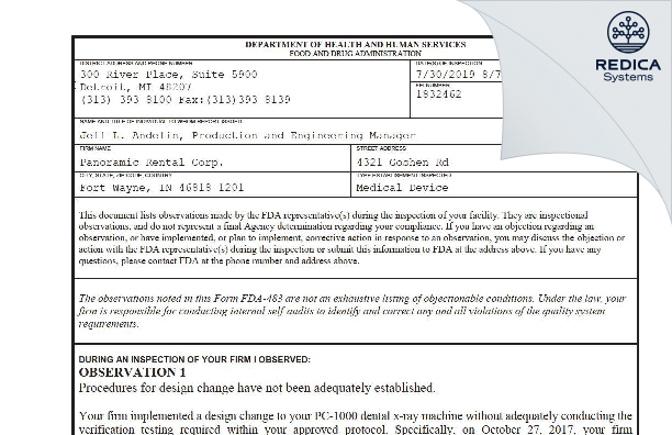 FDA 483 - Panoramic Rental Corp. [Fort Wayne / United States of America] - Download PDF - Redica Systems