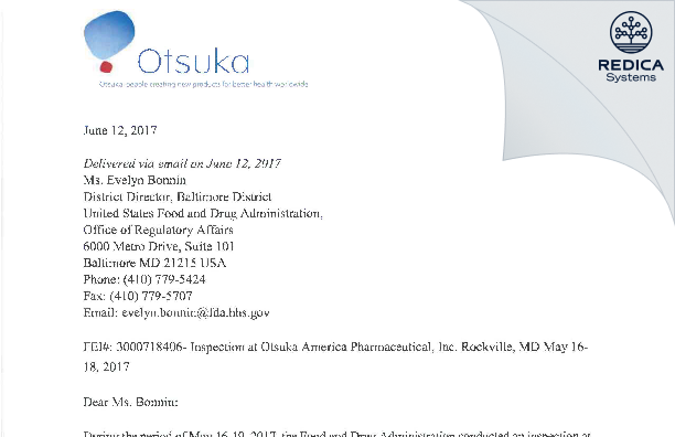 FDA 483 Response - Otsuka Pharmaceutical Development & Commercialization, Inc [Rockville / United States of America] - Download PDF - Redica Systems