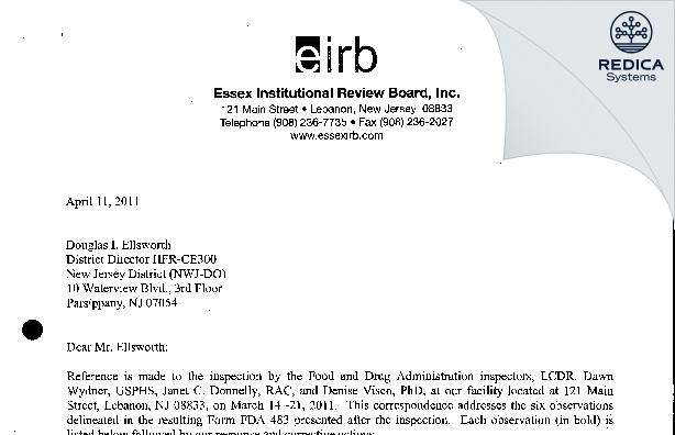 FDA 483 Response - Essex Institutional Review Board, Inc [Lebanon / United States of America] - Download PDF - Redica Systems