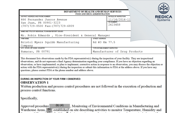 FDA 483 - Bristol-Myers Squibb Manufacturing Company Unlimited Company [Rico / United States of America] - Download PDF - Redica Systems