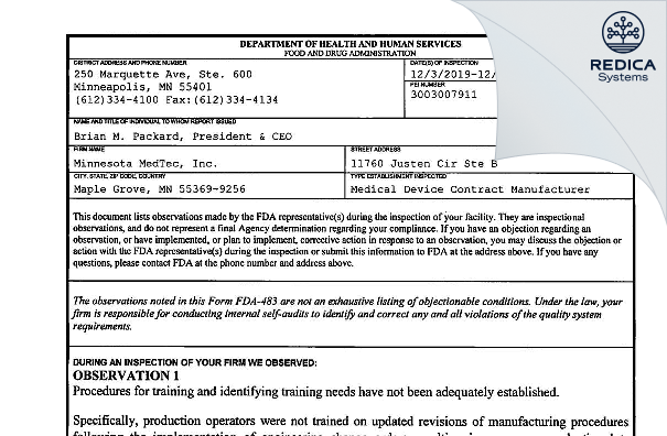 FDA 483 - Minnesota MedTec, Inc. [Maple Grove / United States of America] - Download PDF - Redica Systems