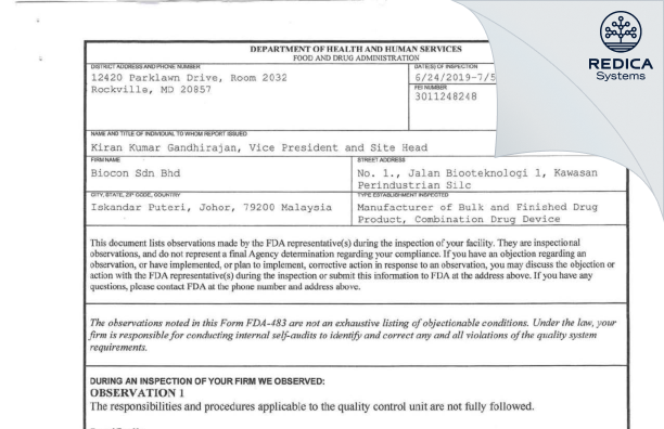 FDA 483 - BIOCON SDN.BHD. [Iskander / Malaysia] - Download PDF - Redica Systems