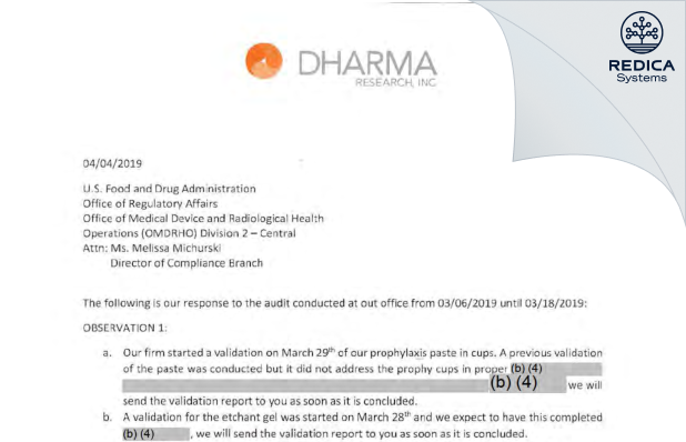 FDA 483 Response - Dharma Research, Inc. [Florida / United States of America] - Download PDF - Redica Systems
