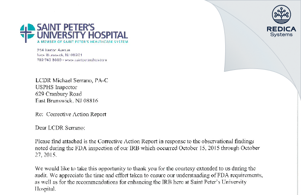 FDA 483 Response - St. Peter's University Hospital - CPHSR [New Brunswick / United States of America] - Download PDF - Redica Systems