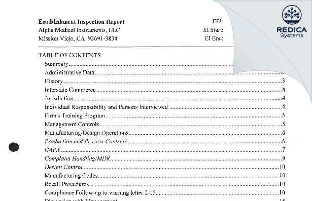 EIR - Alpha Medical Instruments, LLC [Mission Viejo / United States of America] - Download PDF - Redica Systems