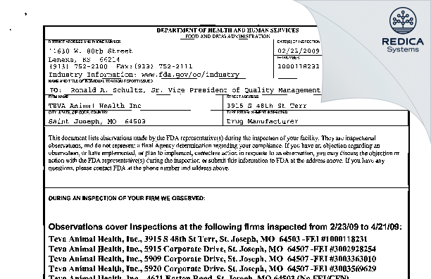 FDA 483 - Bayer Healthcare Animal Health Inc [Saint Joseph / United States of America] - Download PDF - Redica Systems
