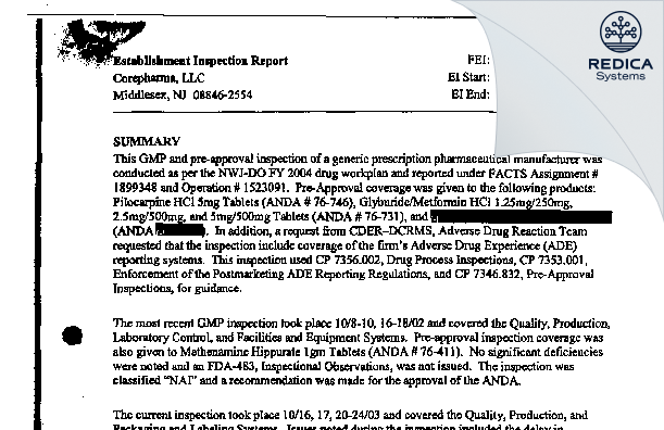 EIR - CorePharma, LLC [Middlesex / United States of America] - Download PDF - Redica Systems