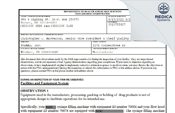 FDA 483 - TOLMAR 1201 Cornerstone LLC [Windsor / United States of America] - Download PDF - Redica Systems
