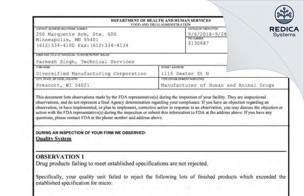 FDA 483 - DIVERSIFIED MANUFACTURING CORP [Prescott / United States of America] - Download PDF - Redica Systems