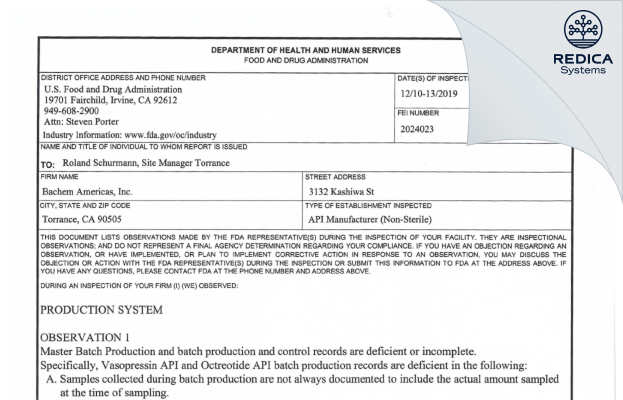 FDA 483 - Bachem Americas, Inc. [Torrance / United States of America] - Download PDF - Redica Systems