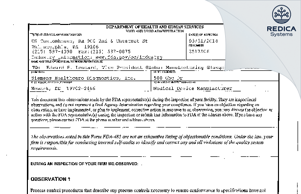 FDA 483 - Siemens Healthcare Diagnostics, Inc. [Newark / United States of America] - Download PDF - Redica Systems