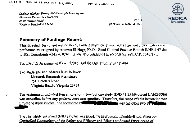 EIR - Frank M Ludwig MD [Virginia Beach / United States of America] - Download PDF - Redica Systems