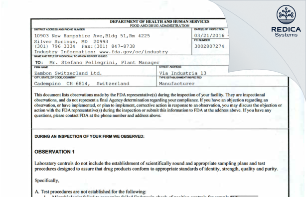 FDA 483 - Zambon Switzerland Ltd [Cadempino / Switzerland] - Download PDF - Redica Systems
