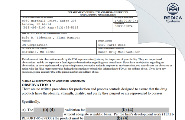 FDA 483 - 3M Company [Columbia / United States of America] - Download PDF - Redica Systems
