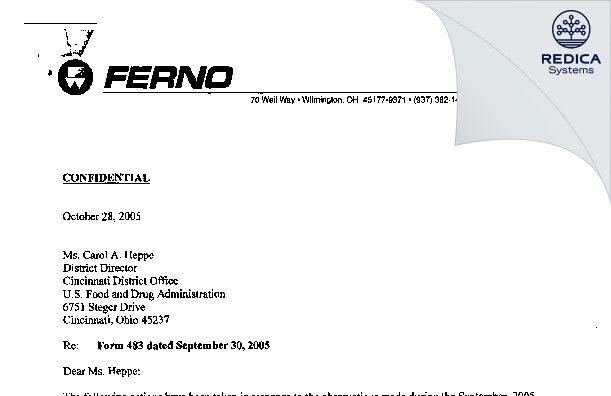 FDA 483 Response - Ferno-Washington Inc [Wilmington / United States of America] - Download PDF - Redica Systems
