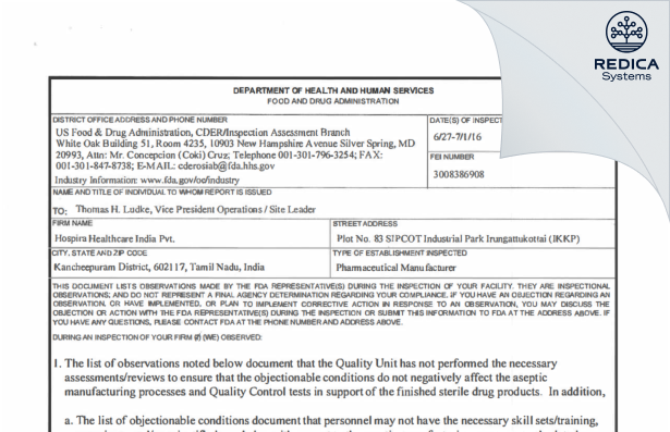 FDA 483 - Pfizer Healthcare India Private Limited [Sriperumbudur / India] - Download PDF - Redica Systems