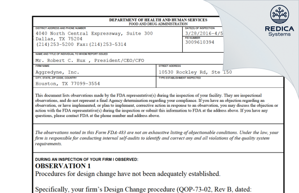 FDA 483 - Aggredyne, Inc. [Houston / United States of America] - Download PDF - Redica Systems