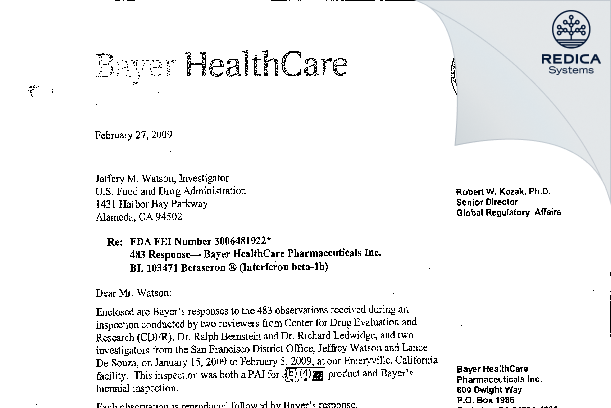 FDA 483 Response - Bayer Healthcare Pharmaceuticals, Inc [Emeryville / United States of America] - Download PDF - Redica Systems
