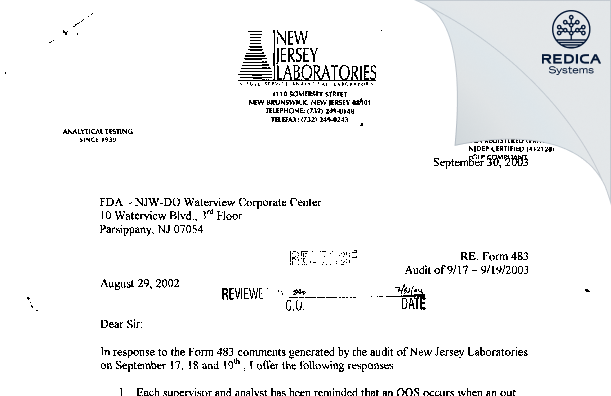 FDA 483 Response - New Jersey Laboratories [Jersey / United States of America] - Download PDF - Redica Systems