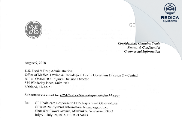 FDA 483 Response - GE Medical Systems Information Technologies, Inc. [Milwaukee / United States of America] - Download PDF - Redica Systems