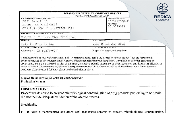 FDA 483 - Fill it Pack It Inc [Compton / United States of America] - Download PDF - Redica Systems