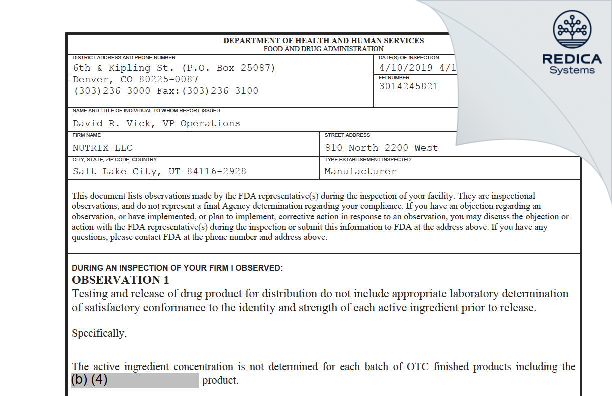 FDA 483 - Nutrix International, LLC. [Salt Lake City / United States of America] - Download PDF - Redica Systems