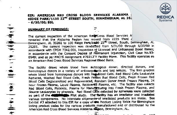 EIR - American Red Cross Blood Services [Birmingham / United States of America] - Download PDF - Redica Systems