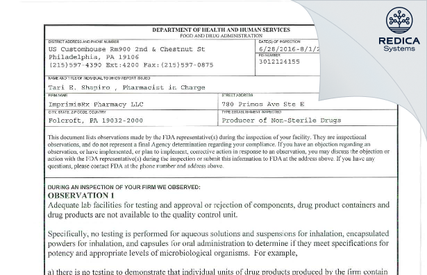 FDA 483 - ImprimisRx Pharmacy LLC [Folcroft / United States of America] - Download PDF - Redica Systems