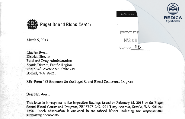 FDA 483 Response - Bloodworks [Seattle / United States of America] - Download PDF - Redica Systems
