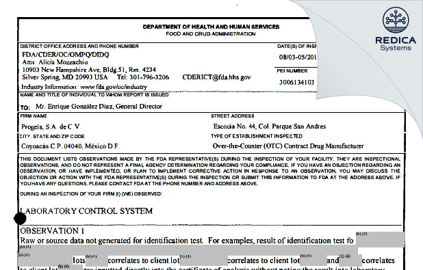 FDA 483 - Progela, S.A. de C.V. [Mexico / Mexico] - Download PDF - Redica Systems