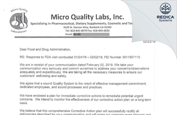 FDA 483 Response - Micro Quality Labs Inc [Burbank / United States of America] - Download PDF - Redica Systems