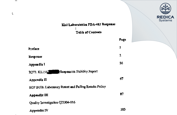 FDA 483 Response - Kiel Laboratories Inc [Flowery Branch / United States of America] - Download PDF - Redica Systems