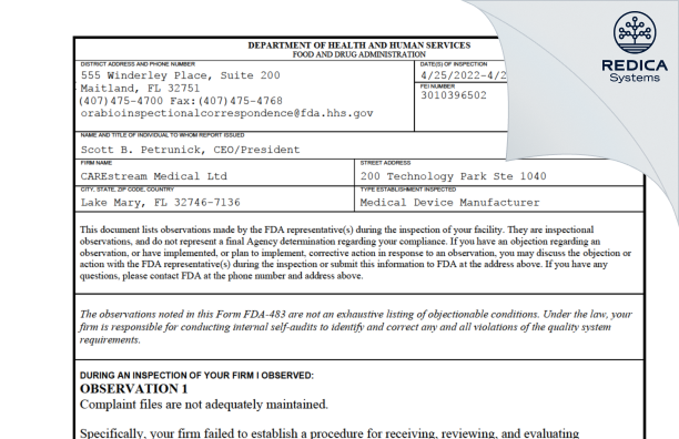 FDA 483 - CAREstream Medical Ltd [Lake Mary / United States of America] - Download PDF - Redica Systems