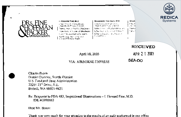 FDA 483 Response - Fine Howard [Eugene / United States of America] - Download PDF - Redica Systems
