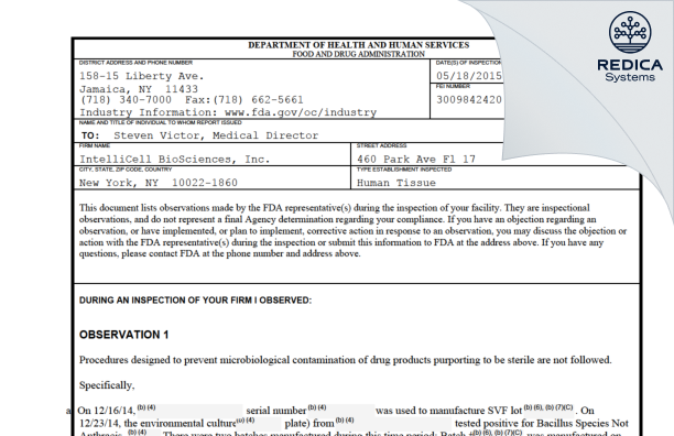 FDA 483 - IntelliCell BioSciences, Inc. [New York / United States of America] - Download PDF - Redica Systems