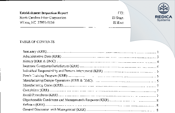 EIR - NC Filter Corporation [Wilson / United States of America] - Download PDF - Redica Systems