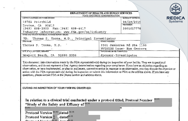 FDA 483 - Thomas S. Tooma, M.D. [Newport Beach / United States of America] - Download PDF - Redica Systems