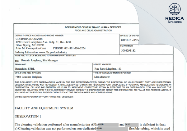 FDA 483 - Benechim [Lessines / Belgium] - Download PDF - Redica Systems