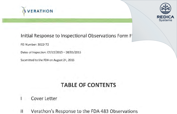 FDA 483 Response - Verathon, Inc. [Bothell / United States of America] - Download PDF - Redica Systems