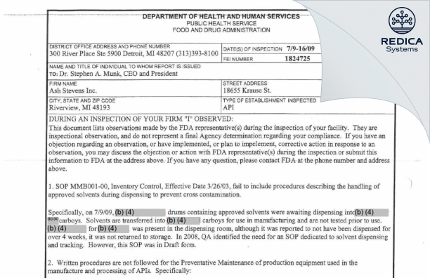FDA 483 - Ash Stevens LLC [Riverview / United States of America] - Download PDF - Redica Systems