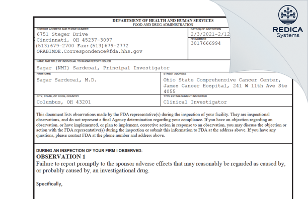 FDA 483 - Sagar Sardesai, M.D. [Columbus / United States of America] - Download PDF - Redica Systems
