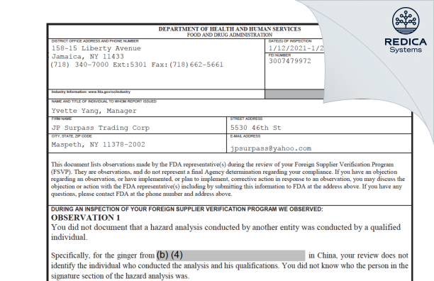 FDA 483 - JP Surpass Trading Corp [Maspeth / United States of America] - Download PDF - Redica Systems
