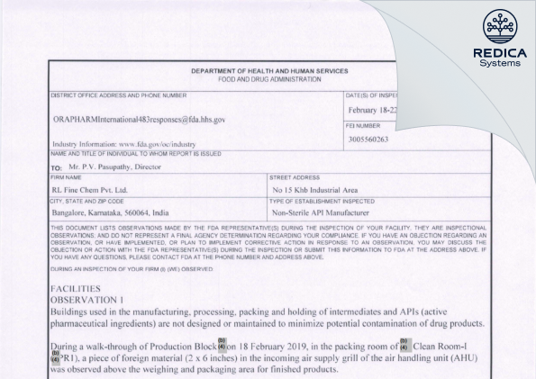 FDA 483 - R.L.Fine Chem Private Limited [India / India] - Download PDF - Redica Systems