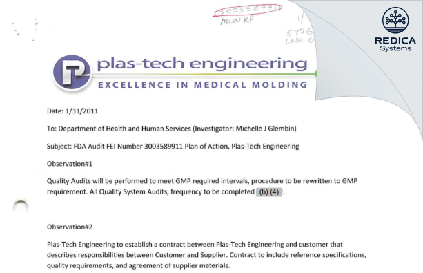 FDA 483 Response - Plas-Tech Engineering Inc. [Lake Geneva / United States of America] - Download PDF - Redica Systems