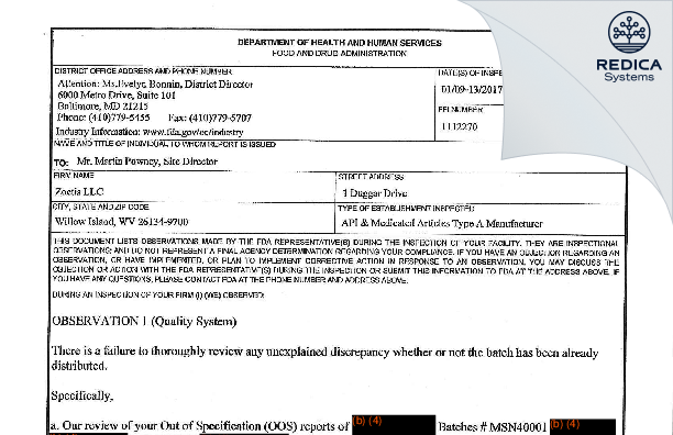 FDA 483 - Zoetis LLC [Virginia / United States of America] - Download PDF - Redica Systems