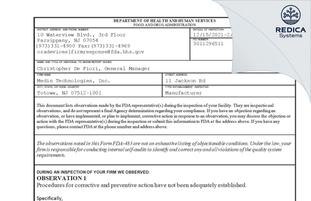 FDA 483 - Medin Technologies, Inc. [Totowa / United States of America] - Download PDF - Redica Systems