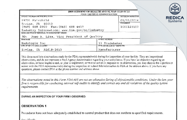 FDA 483 - Endologix Inc [Irvine / United States of America] - Download PDF - Redica Systems