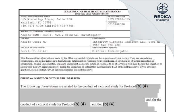 FDA 483 - Adolfo Cueli MD [Doral / United States of America] - Download PDF - Redica Systems