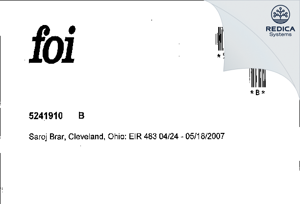 EIR - Saroj Brar MD [Cleveland / United States of America] - Download PDF - Redica Systems