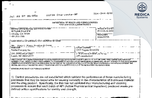 FDA 483 - Marlin Company, Inc. [Lenoir / United States of America] - Download PDF - Redica Systems